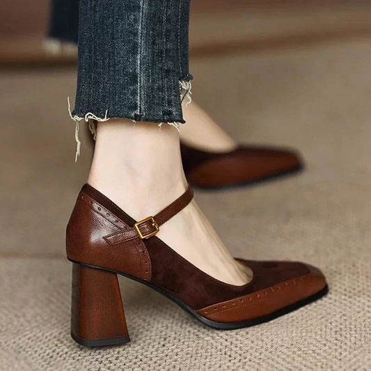 Jorja™ | Women's Square Toe Block Heel Pumps Ankle Strap Brogue