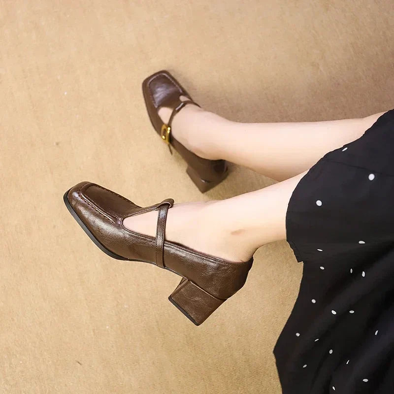 Katerina | Women's Square Toe Mary Jane Heels Block Heel Gold Buckle