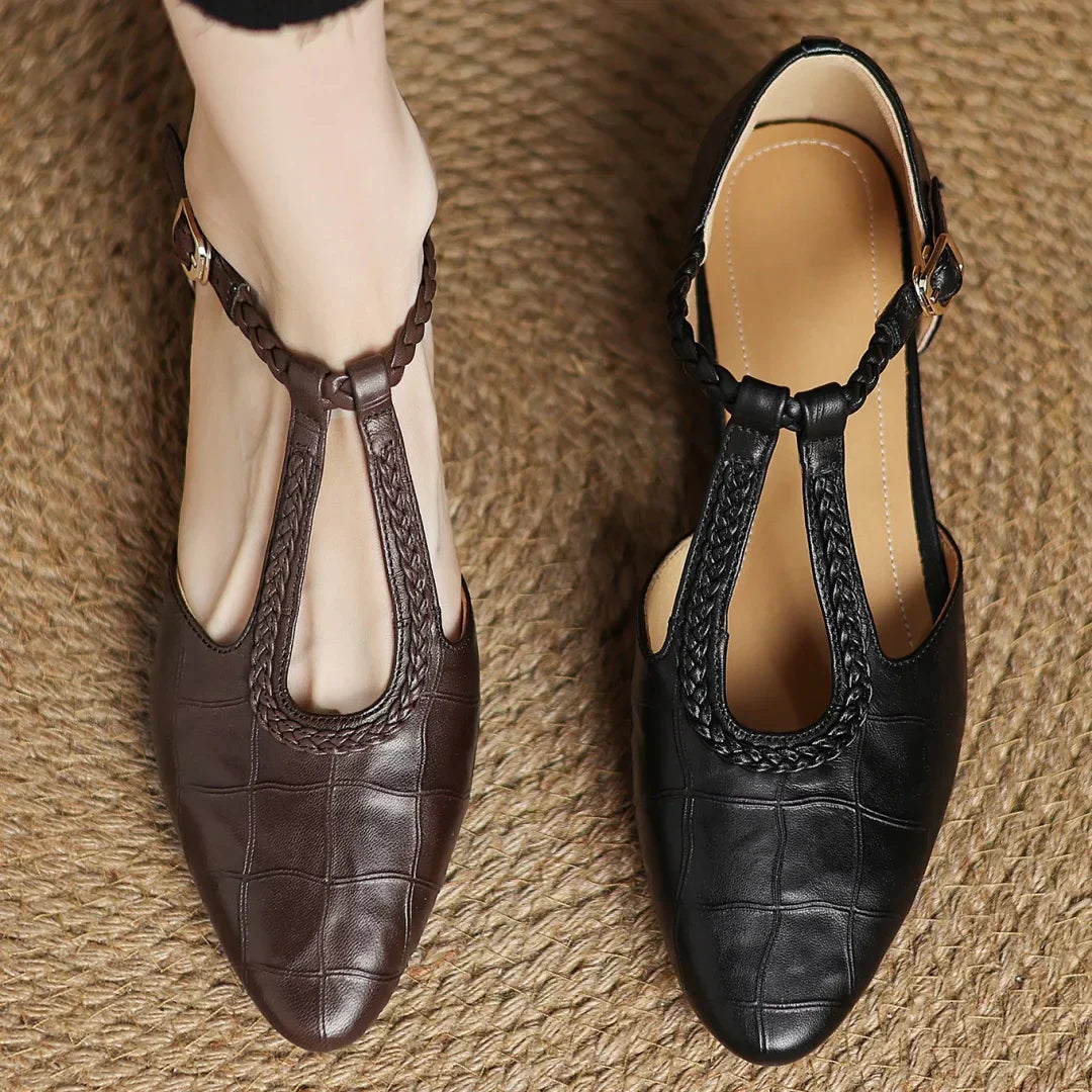 Miranda | Women's Leather T-Strap Mary Jane Flats Pointed Toe Flat