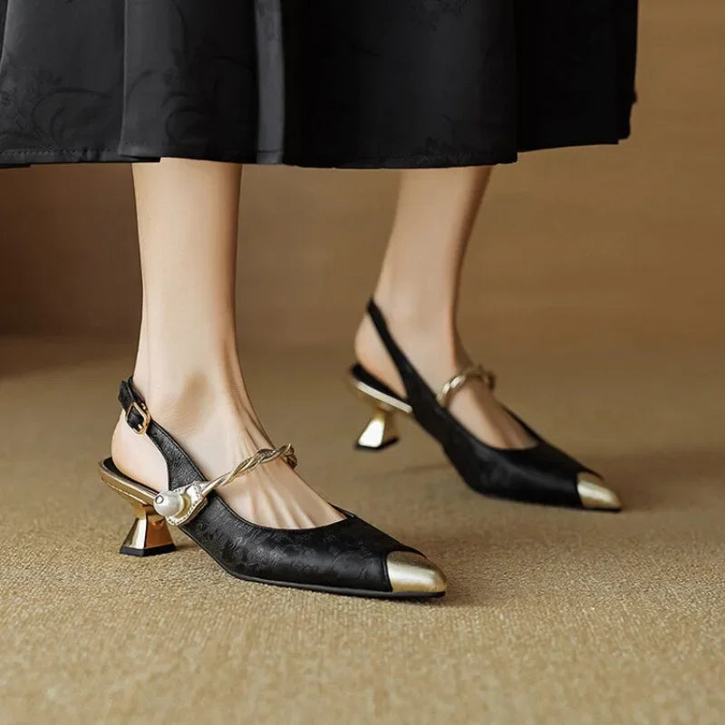 June | Women's Pearl Strap Slingback Kitten Heels Pointed Toe Pumps