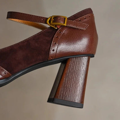 Jorja | Women's Square Toe Block Heel Pumps Ankle Strap Brogue