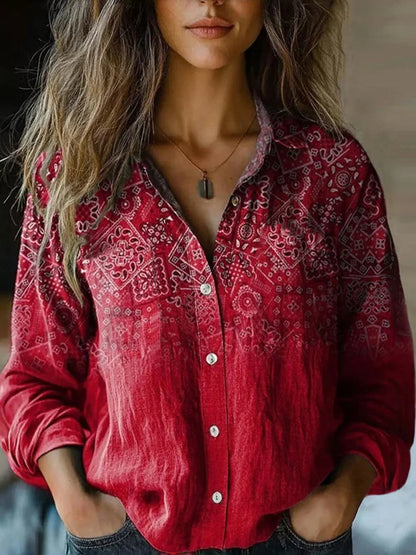 Yarri | Women's Vintage Floral Print Long Sleeve Button-Down Shirt