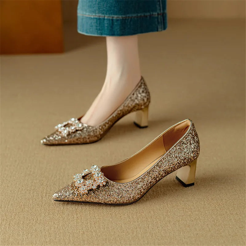 Hope | Women's Glitter Block Heel Pumps Pointed Toe Crystal Buckle
