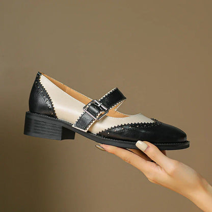 Antigone | Women's Two-Tone Leather Mary Jane Shoes Brogue T-Strap