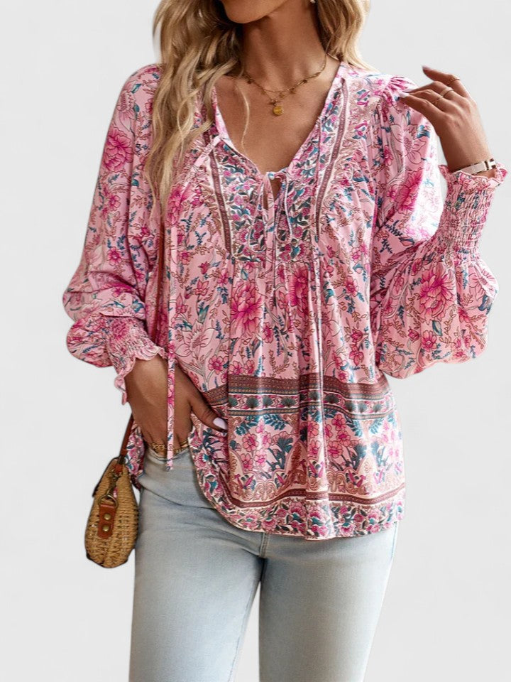 Stefanie | Women's Floral Boho Blouse V-Neck Puff Sleeve Top