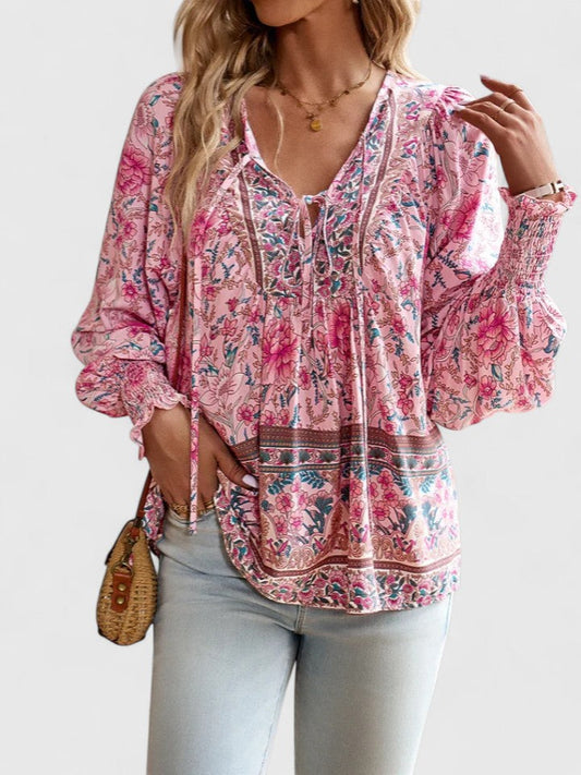 Stefanie | Women's Floral Boho Blouse V-Neck Puff Sleeve Top