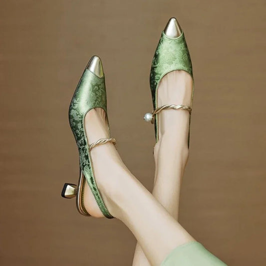 June™ | Women's Pearl Strap Slingback Kitten Heels Pointed Toe Pumps