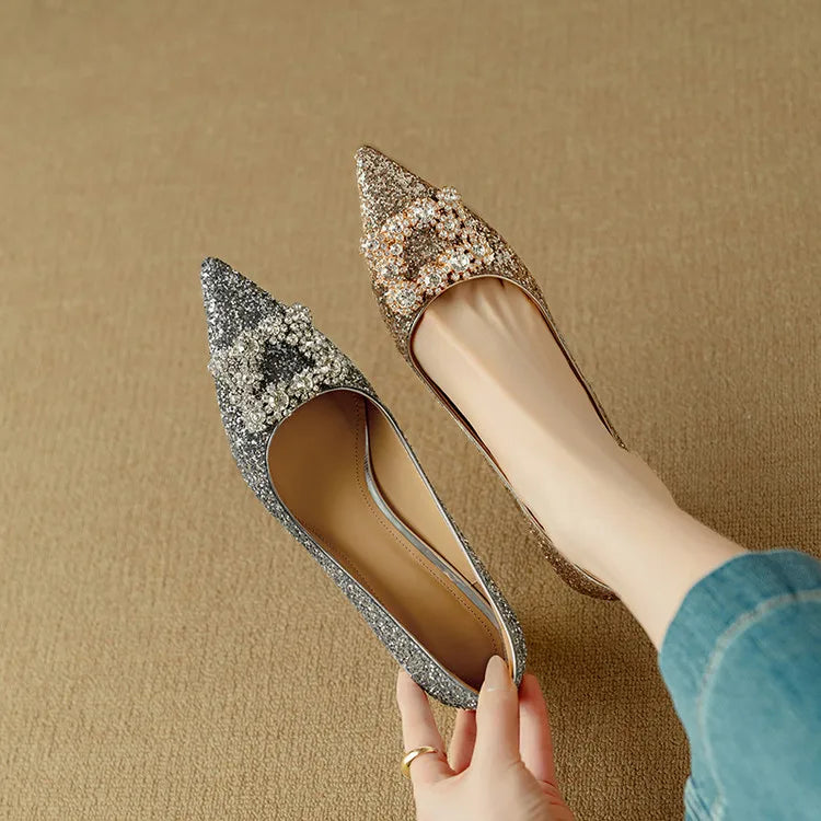 Hope | Women's Glitter Block Heel Pumps Pointed Toe Crystal Buckle