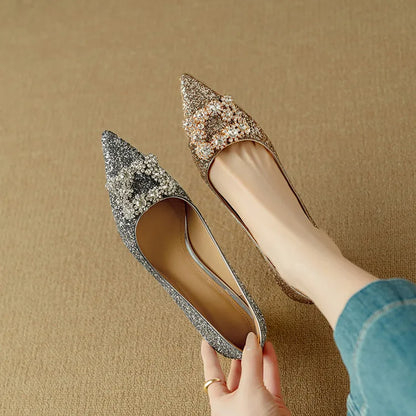 Hope | Women's Glitter Block Heel Pumps Pointed Toe Crystal Buckle