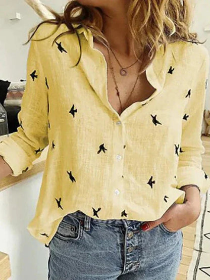 Lydia | Women's Button-Down Shirt Long Sleeve Bird Print Blouse