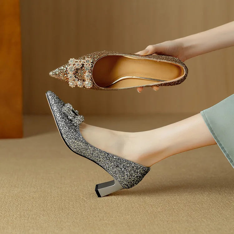 Hope | Women's Glitter Block Heel Pumps Pointed Toe Crystal Buckle