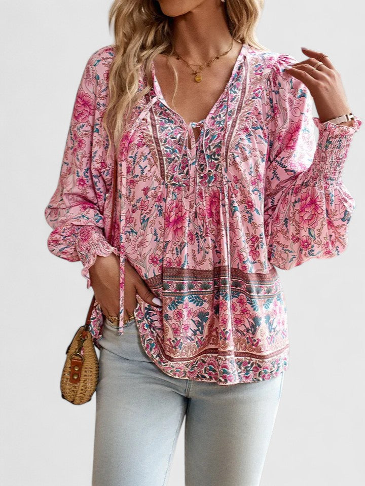 Stefanie | Women's Floral Boho Blouse V-Neck Puff Sleeve Top