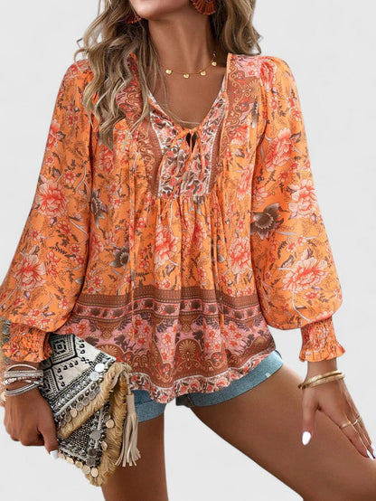 Stefanie | Women's Floral Boho Blouse V-Neck Puff Sleeve Top