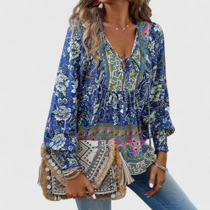 Stefanie | Women's Floral Boho Blouse V-Neck Puff Sleeve Top