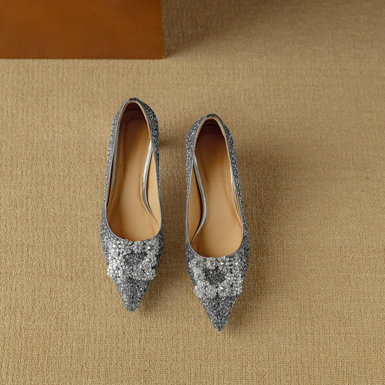 Hope | Women's Glitter Block Heel Pumps Pointed Toe Crystal Buckle