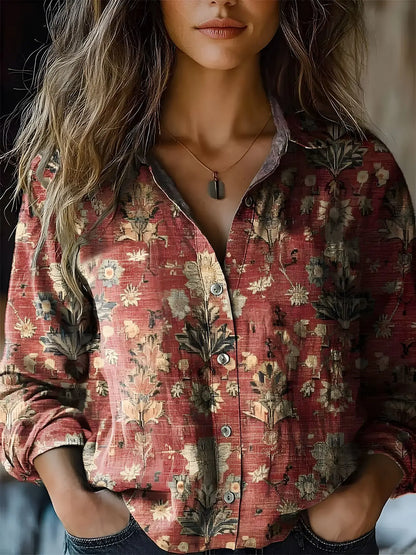Yarri | Women's Vintage Floral Print Long Sleeve Button-Down Shirt