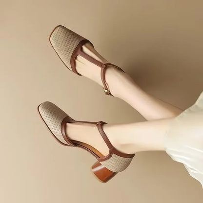 Gwendolyn | Women's T-Strap Block Heel Shoes Square Toe Mid Heel Pumps