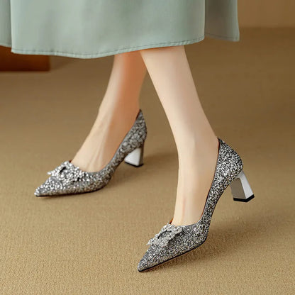 Hope | Women's Glitter Block Heel Pumps Pointed Toe Crystal Buckle