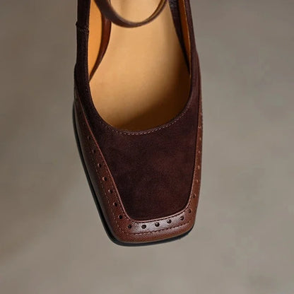 Jorja | Women's Square Toe Block Heel Pumps Ankle Strap Brogue