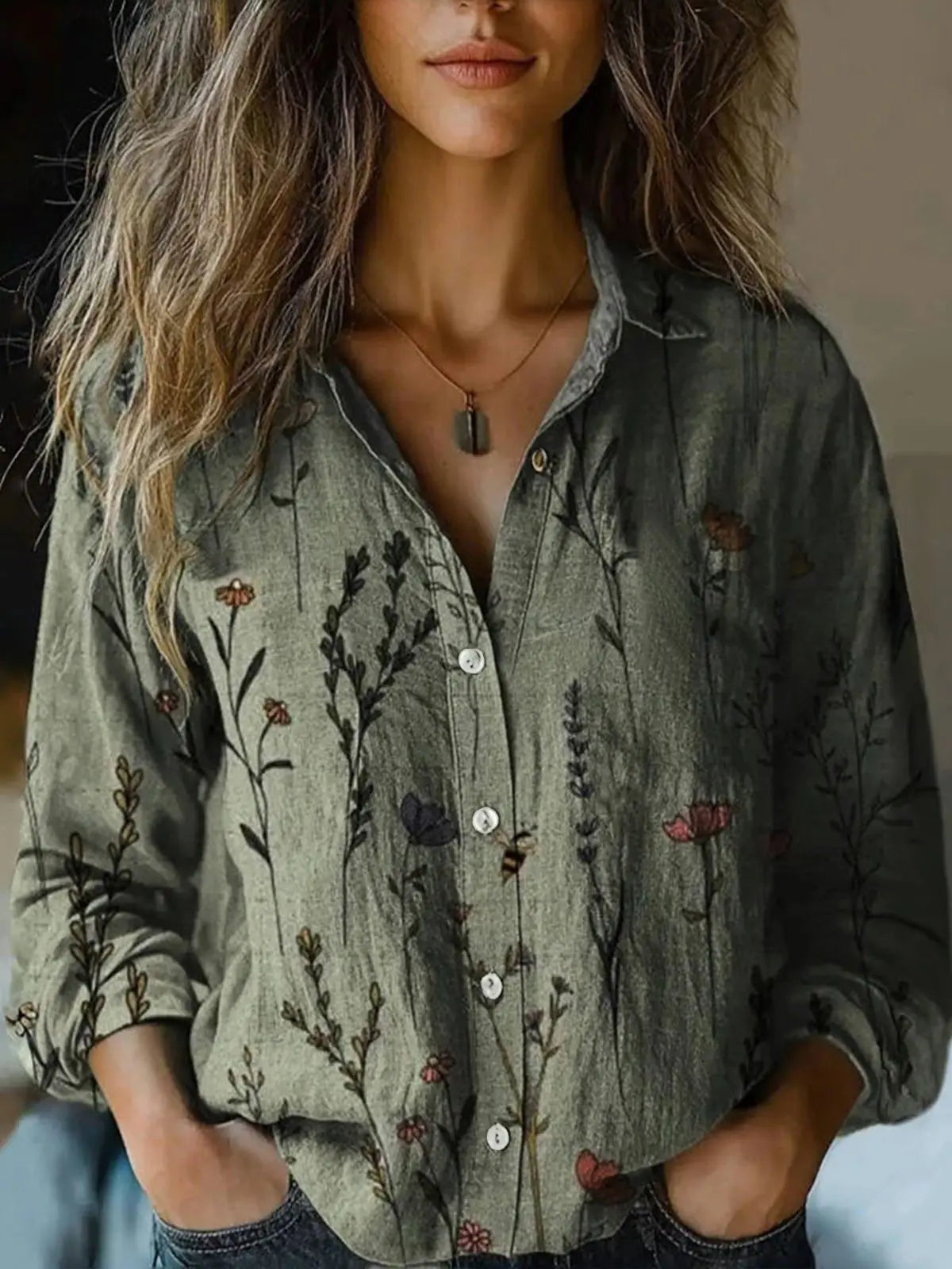 Yarri | Women's Vintage Floral Print Long Sleeve Button-Down Shirt