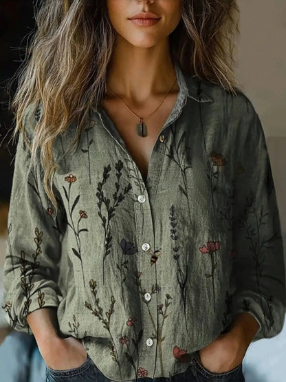 Yarri | Women's Vintage Floral Print Long Sleeve Button-Down Shirt