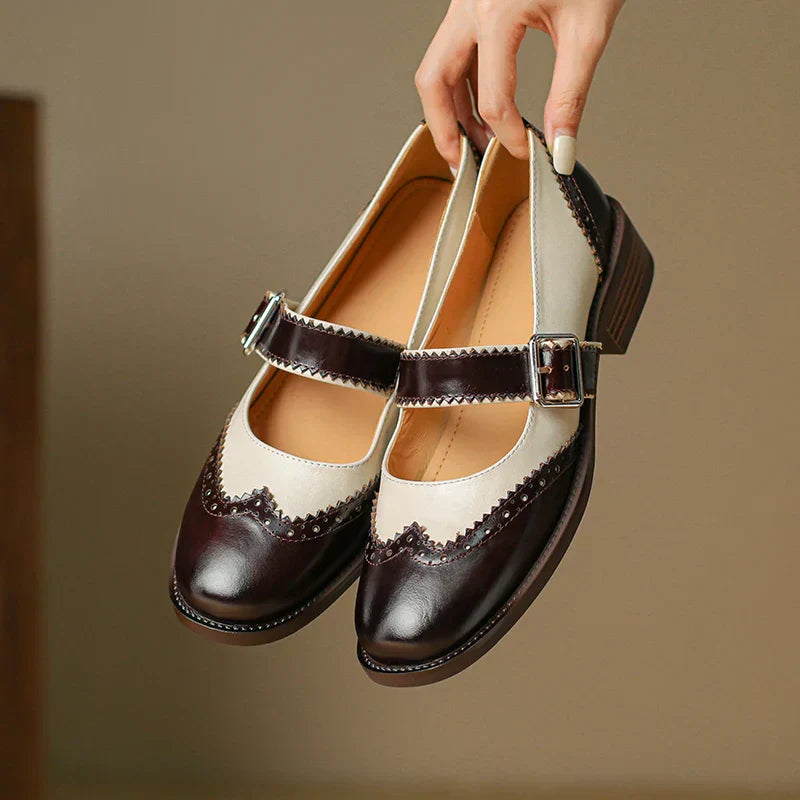Antigone | Women's Two-Tone Leather Mary Jane Shoes Brogue T-Strap