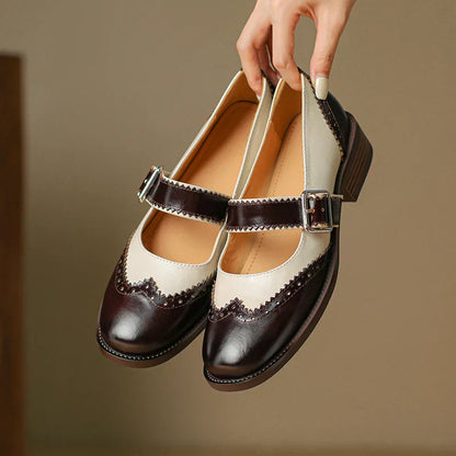 Antigone | Women's Two-Tone Leather Mary Jane Shoes Brogue T-Strap