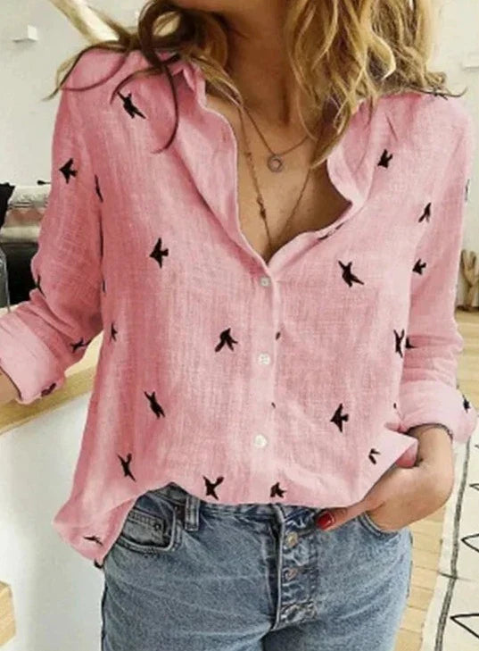Lydia | Women's Button-Down Shirt Long Sleeve Bird Print Blouse