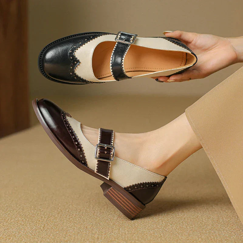 Antigone | Women's Two-Tone Leather Mary Jane Shoes Brogue T-Strap