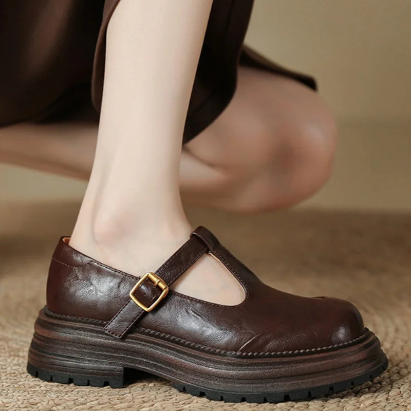 Wanda | Women's T-Bar Mary Jane Shoes Round Toe Brogue Low Heel
