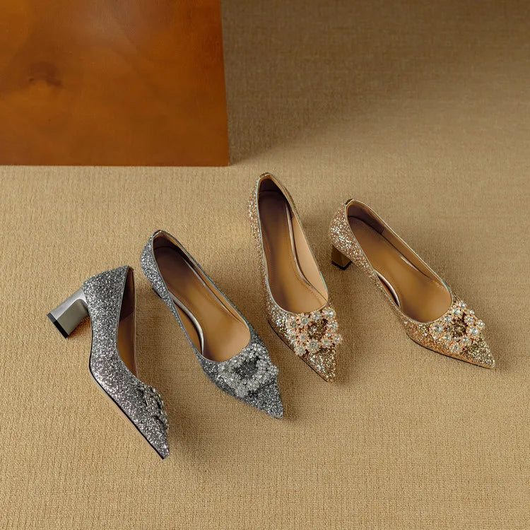 Hope | Women's Glitter Block Heel Pumps Pointed Toe Crystal Buckle