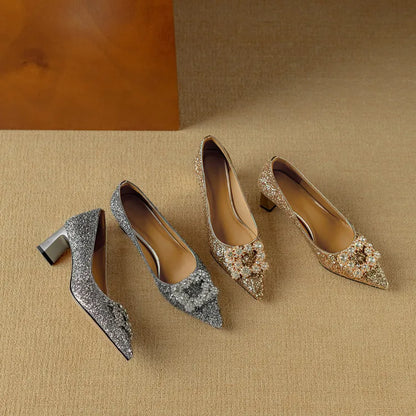 Hope | Women's Glitter Block Heel Pumps Pointed Toe Crystal Buckle