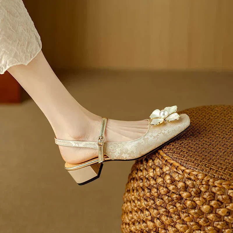Janelle | Women's Floral Slingback Pumps Square Toe Block Heel Shoes