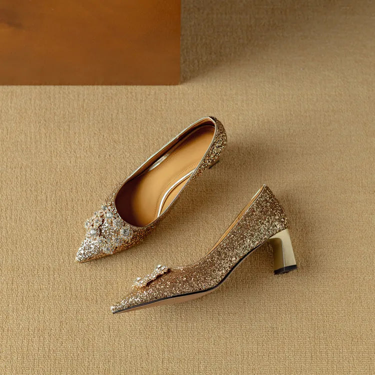 Hope | Women's Glitter Block Heel Pumps Pointed Toe Crystal Buckle
