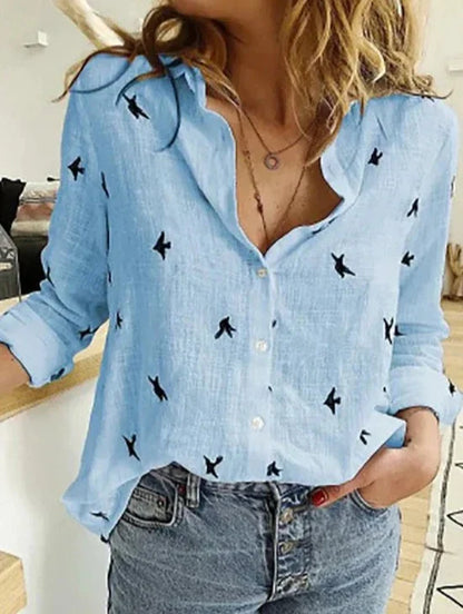 Lydia | Women's Button-Down Shirt Long Sleeve Bird Print Blouse