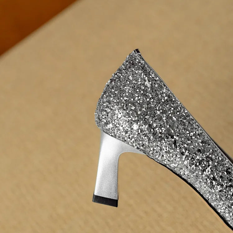 Hope | Women's Glitter Block Heel Pumps Pointed Toe Crystal Buckle
