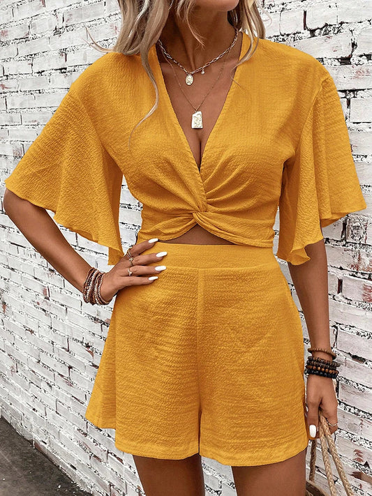 Vita | Women's Two Piece Set Twist Crop Top Flutter Sleeve Shorts