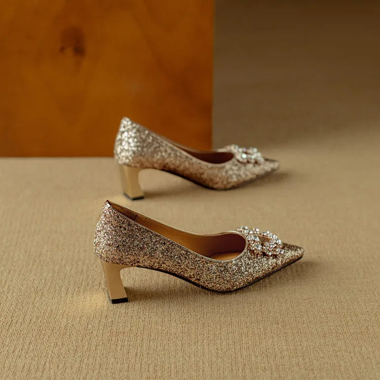 Hope | Women's Glitter Block Heel Pumps Pointed Toe Crystal Buckle