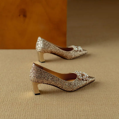 Hope | Women's Glitter Block Heel Pumps Pointed Toe Crystal Buckle