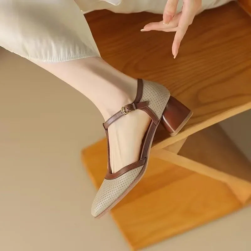 Gwendolyn | Women's T-Strap Block Heel Shoes Square Toe Mid Heel Pumps