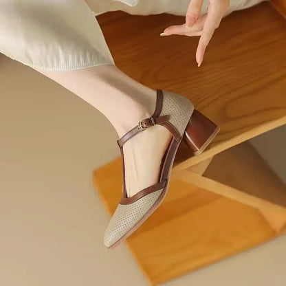 Gwendolyn | Women's T-Strap Block Heel Shoes Square Toe Mid Heel Pumps