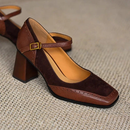 Jorja | Women's Square Toe Block Heel Pumps Ankle Strap Brogue