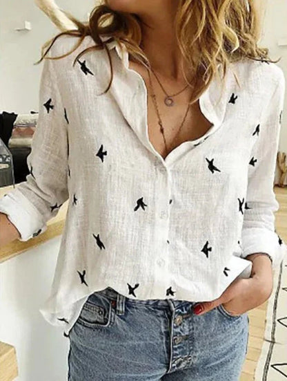 Lydia | Women's Button-Down Shirt Long Sleeve Bird Print Blouse