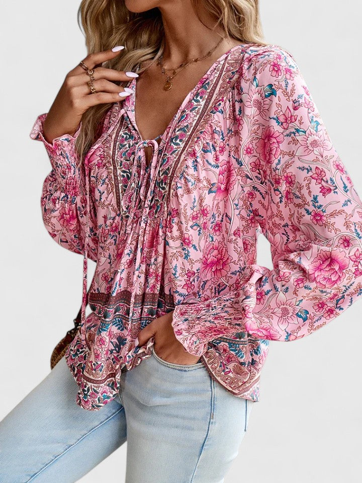 Stefanie | Women's Floral Boho Blouse V-Neck Puff Sleeve Top
