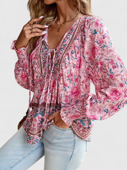 Stefanie | Women's Floral Boho Blouse V-Neck Puff Sleeve Top