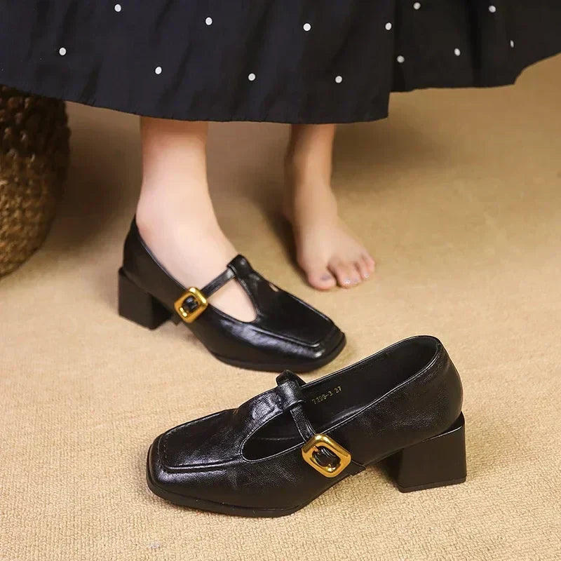 Katerina | Women's Square Toe Mary Jane Heels Block Heel Gold Buckle