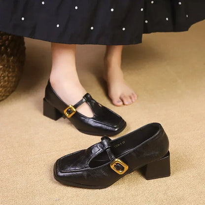 Katerina | Women's Square Toe Mary Jane Heels Block Heel Gold Buckle