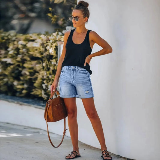 Colette2™ | Women's High Waist Denim Shorts Distressed Rolled Hem