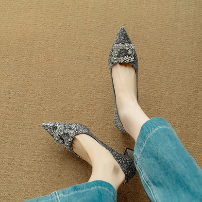 Hope | Women's Glitter Block Heel Pumps Pointed Toe Crystal Buckle