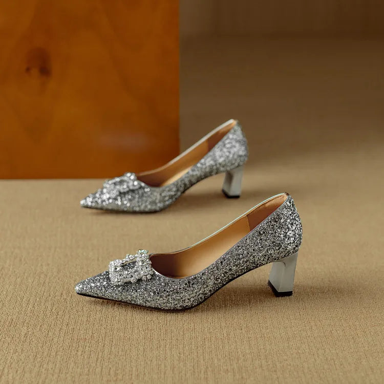 Hope | Women's Glitter Block Heel Pumps Pointed Toe Crystal Buckle